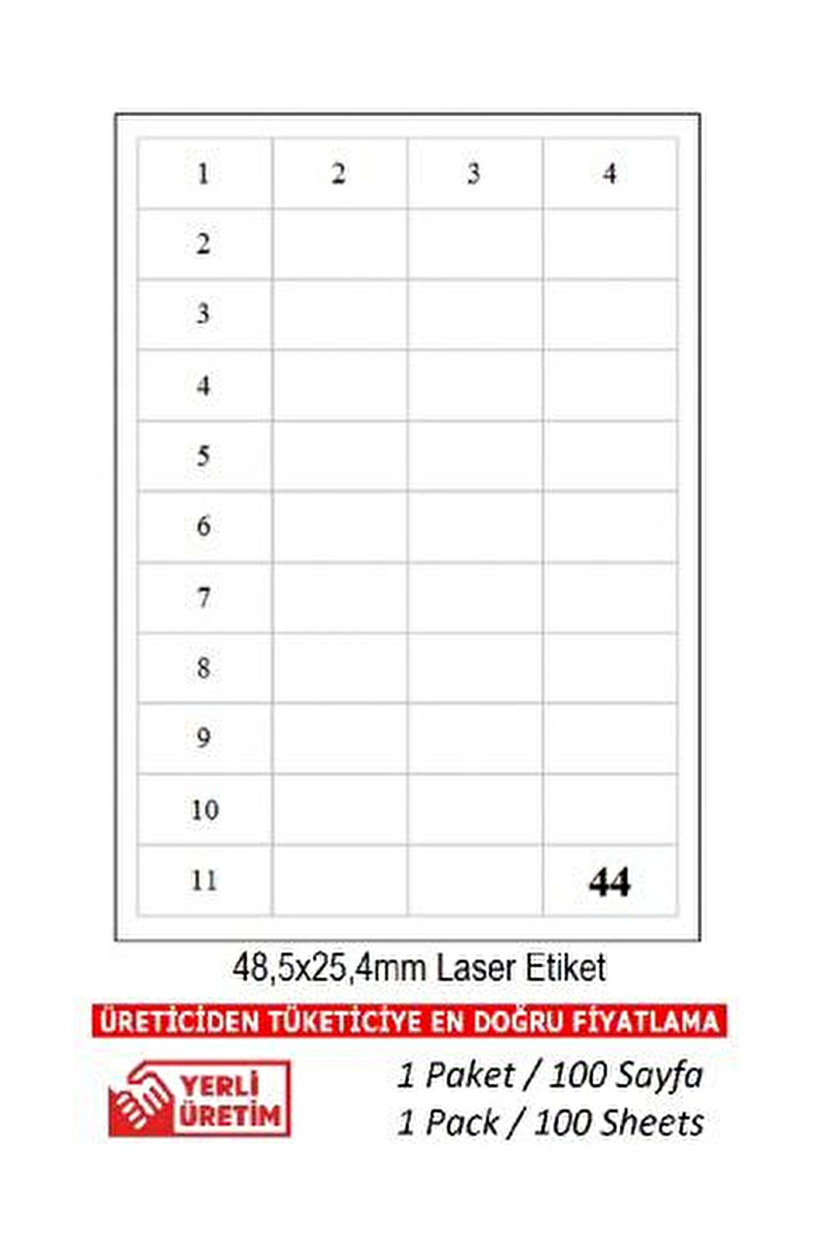 A1-2044 100 A4 Sayfa Lazer Etiket 48.5 x 25.40 mm Lazer Etiket A4 Sayfada 44 Etiket