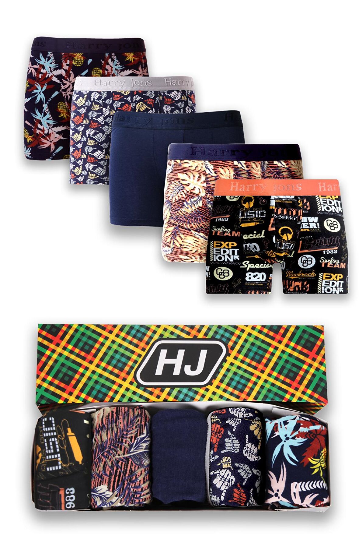 Erkek 5'li Desenli Renkli Pamuklu Premium Paket Boxer Yeni Yıl, Yılbaşı, Hediyelik