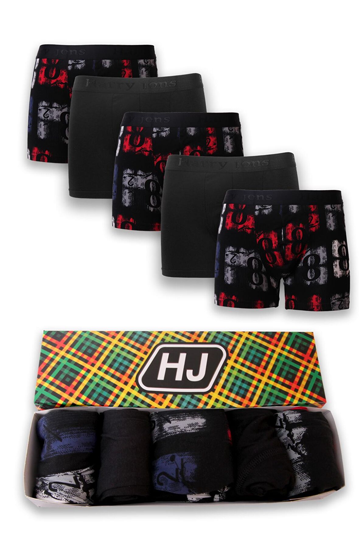 Erkek 5'li Desenli Renkli Pamuklu Premium Paket Boxer Yeni Yıl, Yılbaşı, Hediyelik