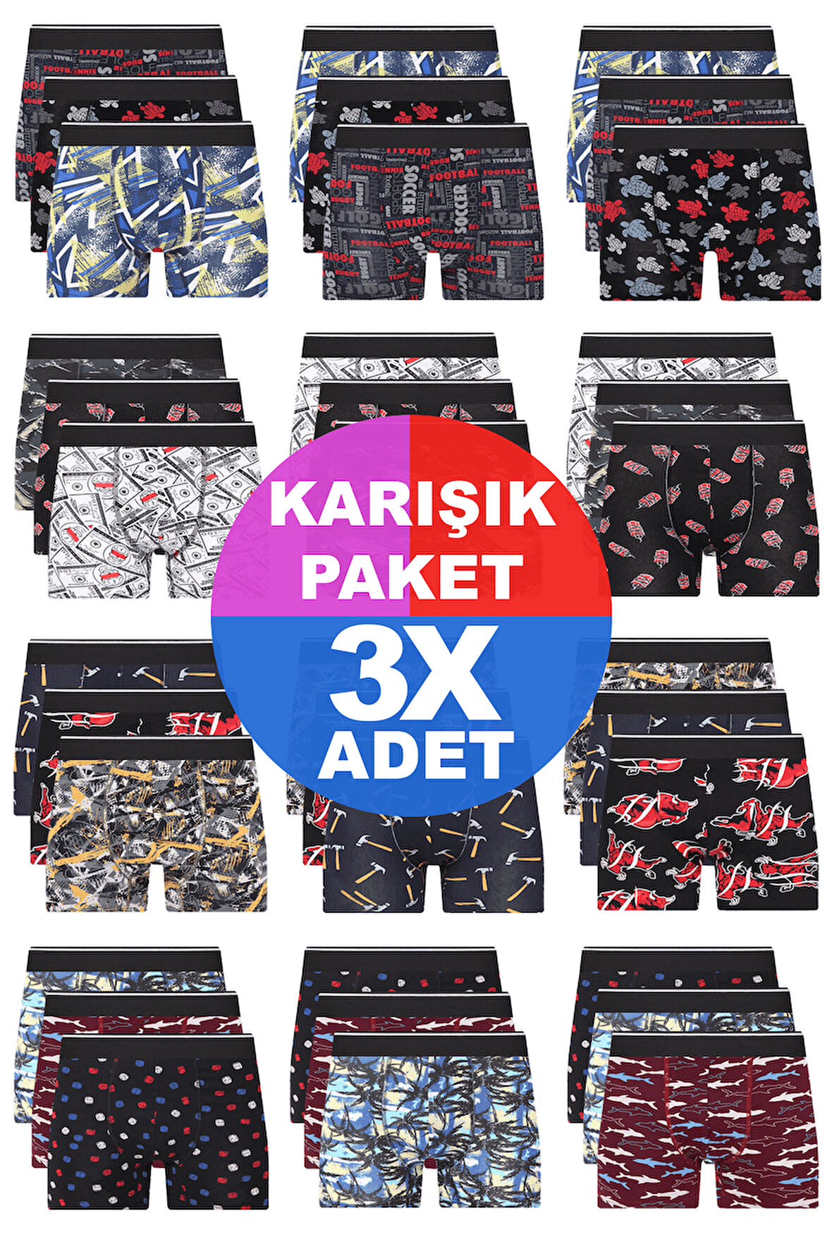 Erkek 3 Adet Rastgele Sürpriz Desenli Boxer - Özel Gizemli Paketinde Sürpriz Boxer