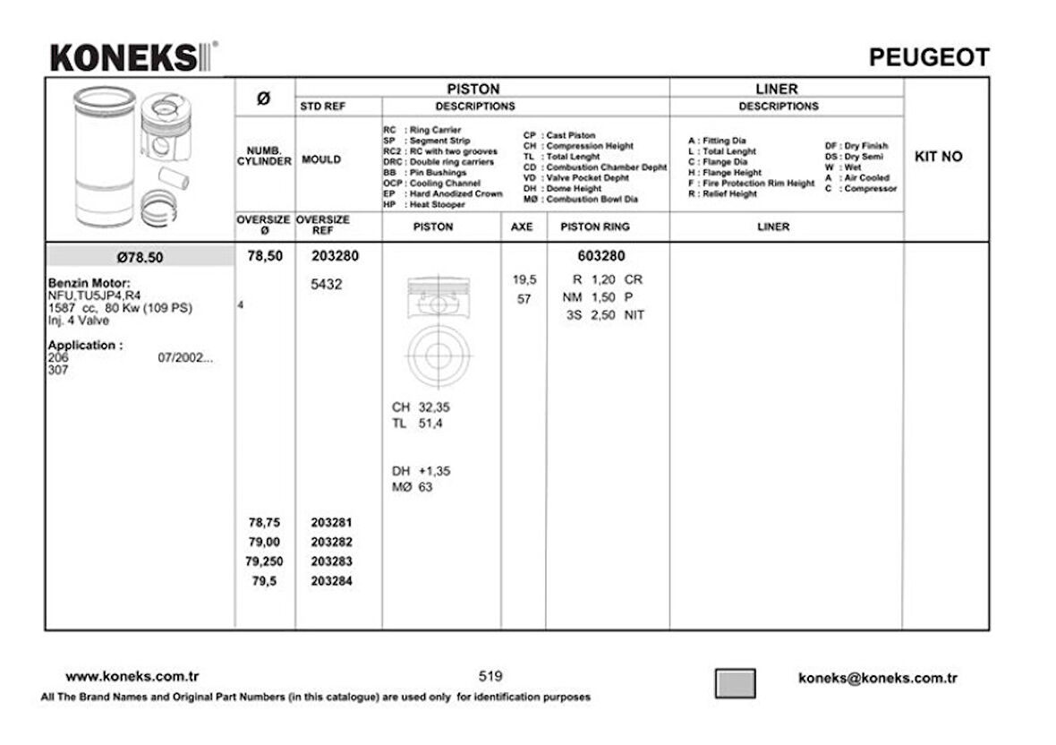Psa Motor Segmanı Partner P307 P206 P207 Berlingo C2 C3 C4 1,6i 16v Tu5jp4 Euro 3 (78,50mm) / (std) Olcu - Koneks 603280
