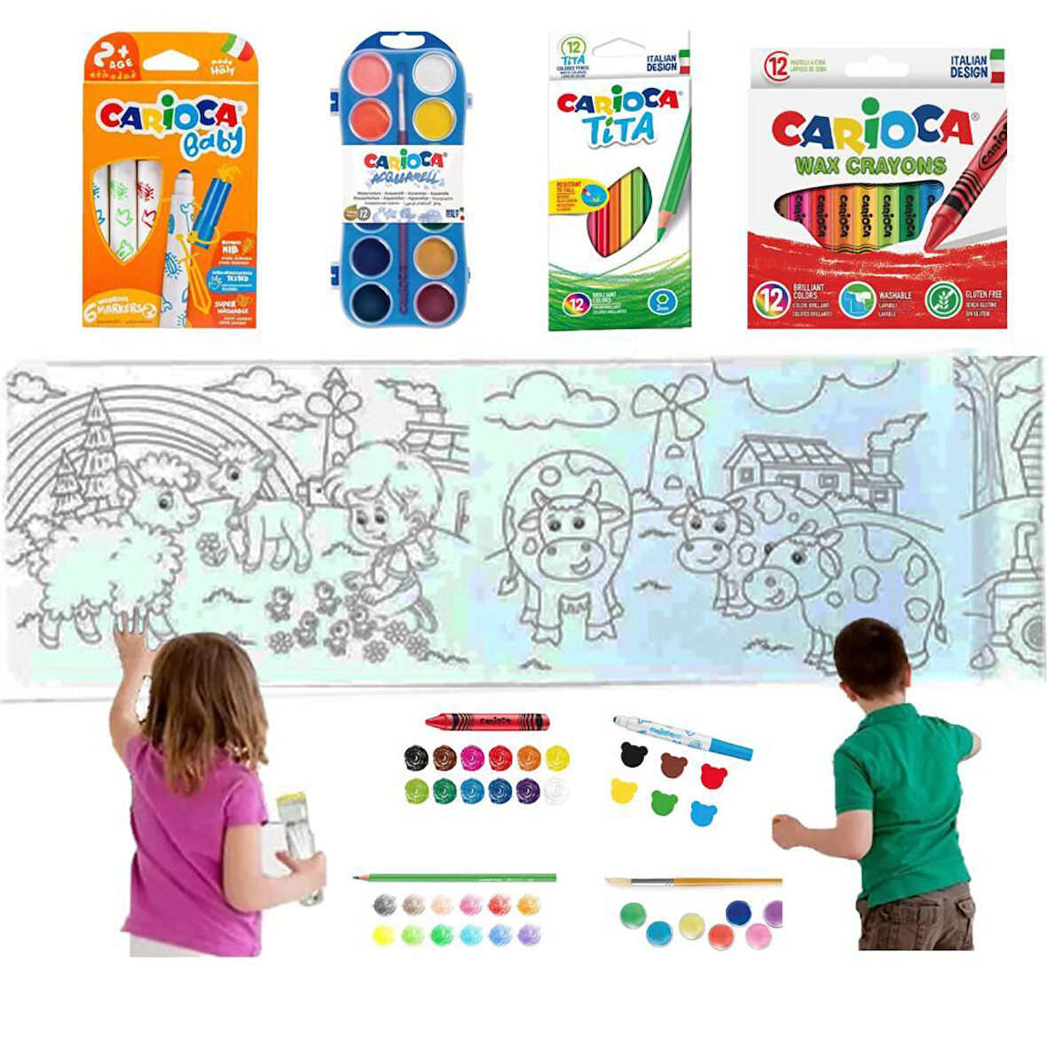 Carioca 4'lü Boyama Seti + Lino Yapışkanlı Boyama Kağıdı 86x20 cm Farm