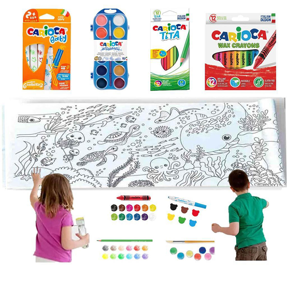 Carioca 4'lü Boyama Seti +Lino Yapışkanlı Boyama Kağıdı 200x30 cm Sea World
