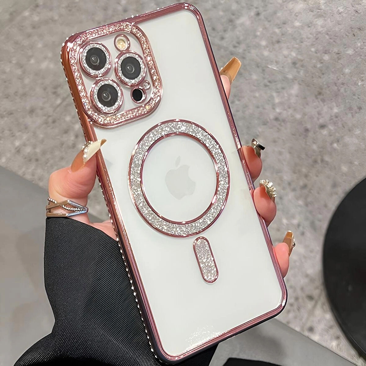 Iphone 16 ProMax Uyumlu Şeffaf Taşlı MagSafe Özellikli Kılıf