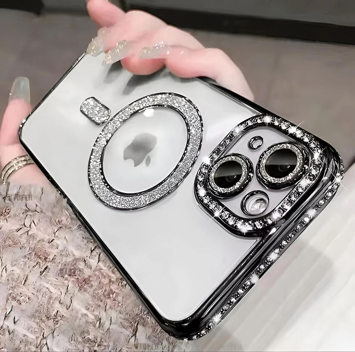Iphone 16 Pro Uyumlu Şeffaf Taşlı MagSafe Özellikli Kılıf