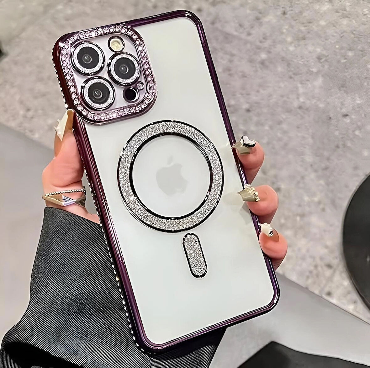 Iphone 15 ProMax Uyumlu Şeffaf Taşlı MagSafe Özellikli Kılıf