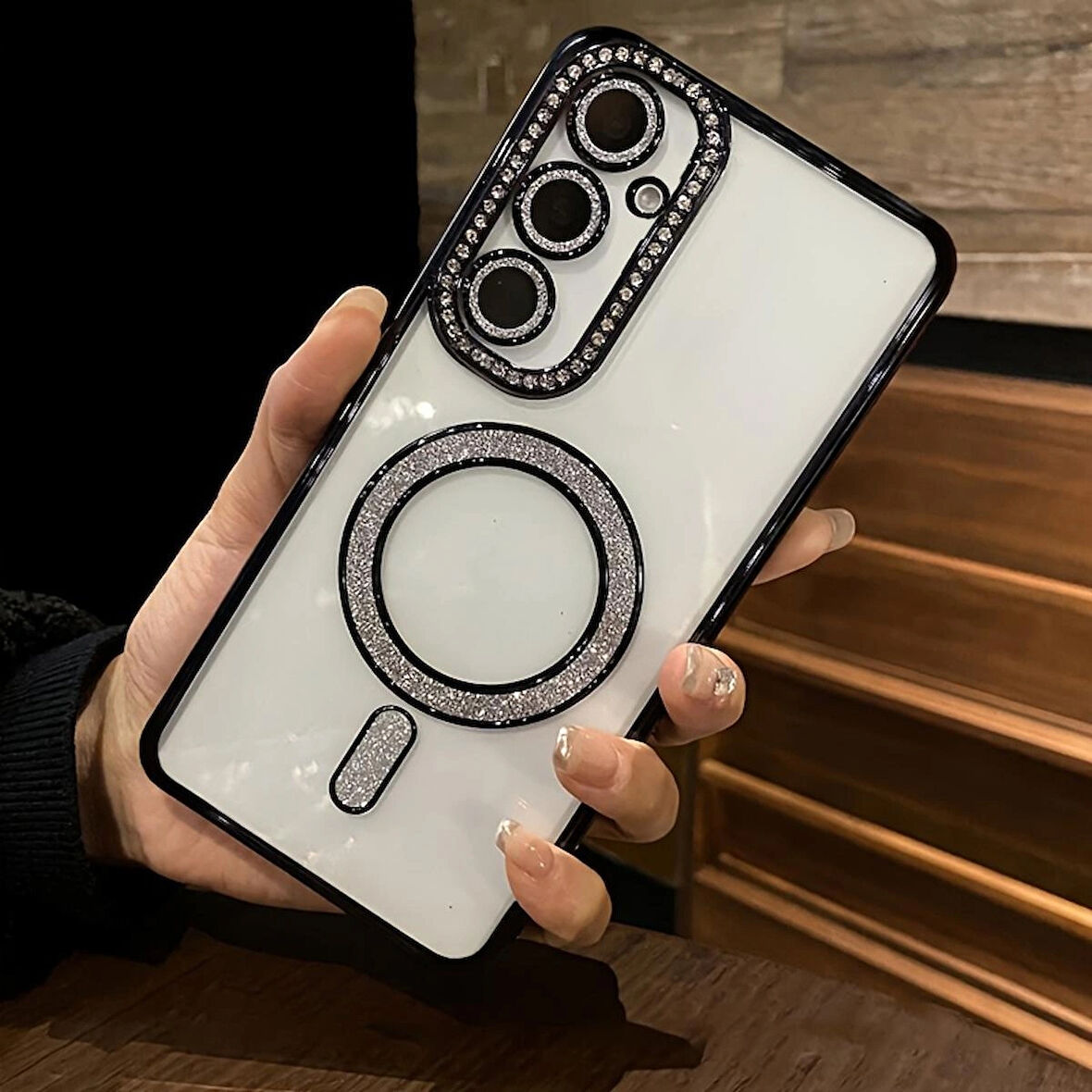 Samsung S25 FE Uyumlu Şeffaf Taşlı MagSafe Özellikli Kılıf