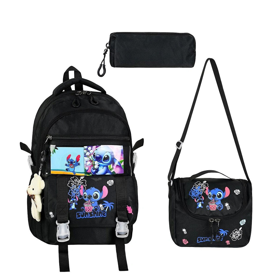 Stitch Baskılı Ortopedik Aksesuarlı Anahtarlıklı Okul Çantası Termal Beslenme Ve Kalemlikli Set