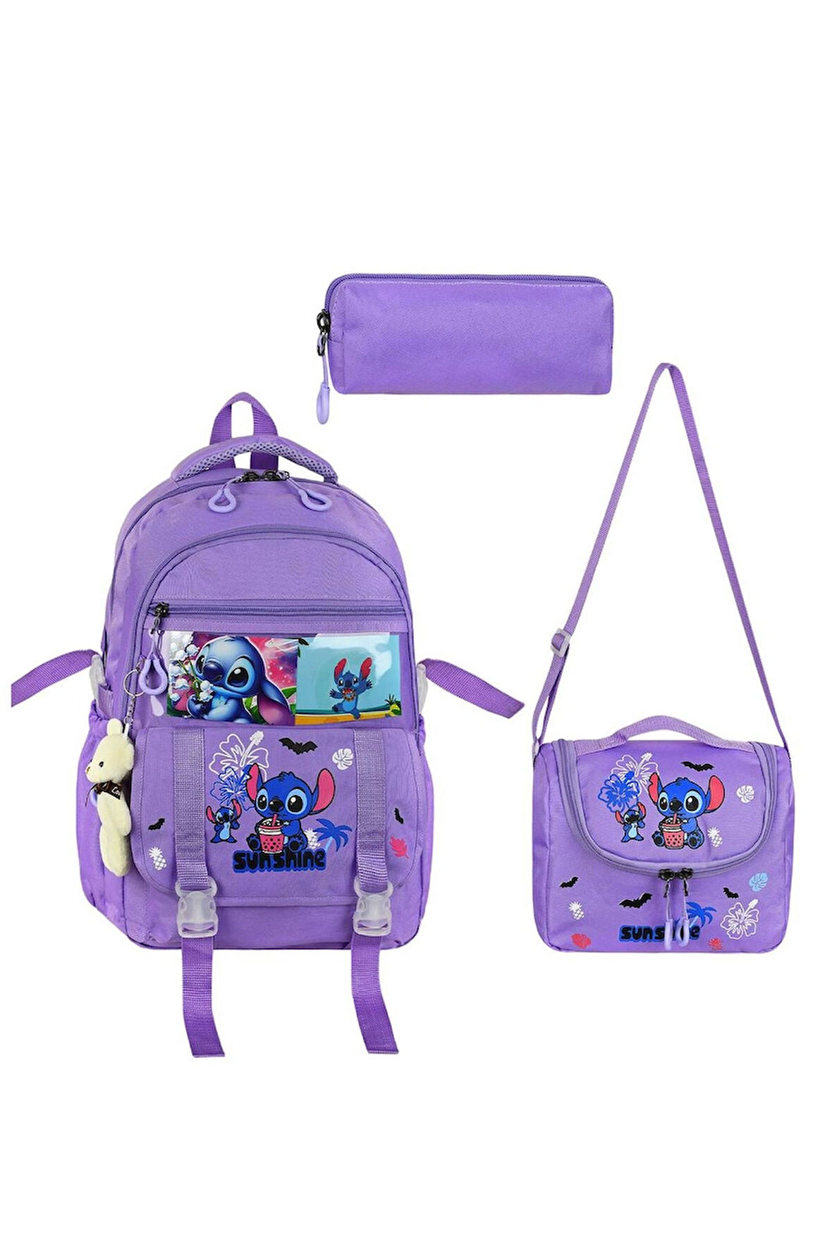 Stitch Baskılı Ortopedik Aksesuarlı Anahtarlıklı Okul Çantası Termal Beslenme Ve Kalemlikli Set