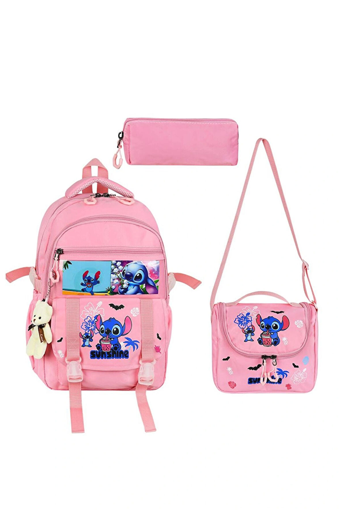 Stitch Baskılı Ortopedik Aksesuarlı Anahtarlıklı Okul Çantası Termal Beslenme Ve Kalemlikli Set