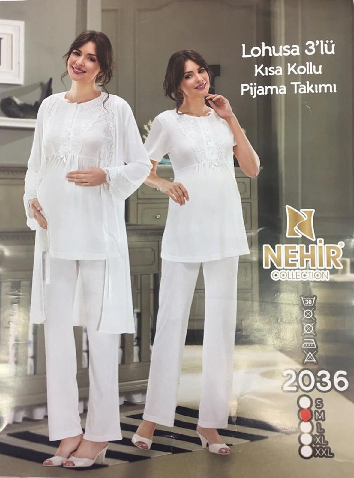 NEHİR 2036  Ecru Hamile Lohusa 3Lü Pijama Sabahlık Takım