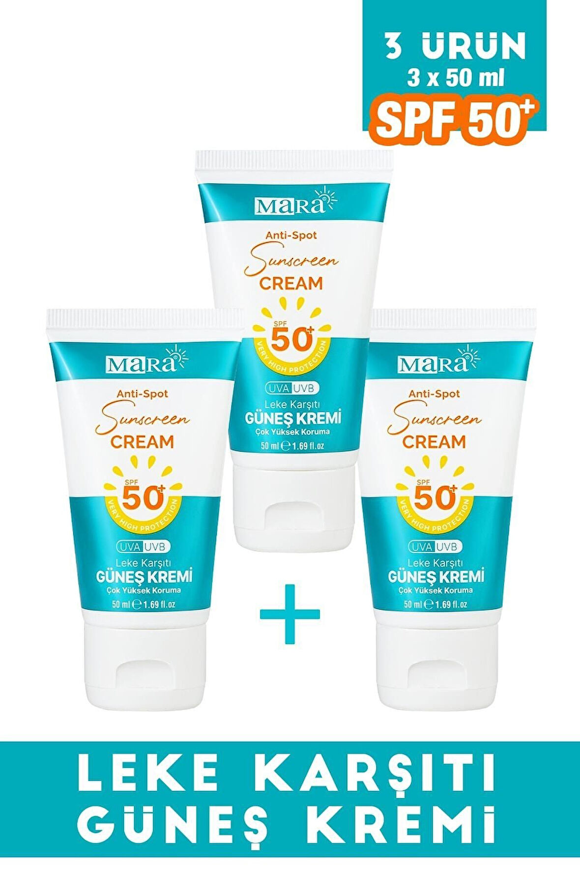 Spf 50+ Leke Karşıtı Yüz Güneş Kremi Tüm Cilt Tipleri Için 50 Ml 3 Adet
