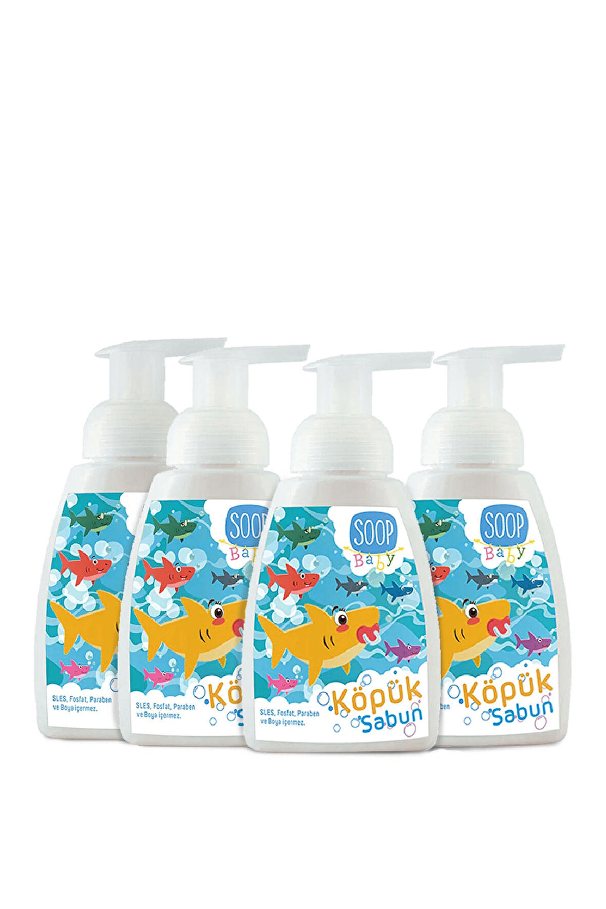 SOOP Baby Bebek Shark Köpük Sabun Pudra Kokulu 4 x 300 ML | Vegan Hipoalerjenik | Eğlenceli Köpük Form