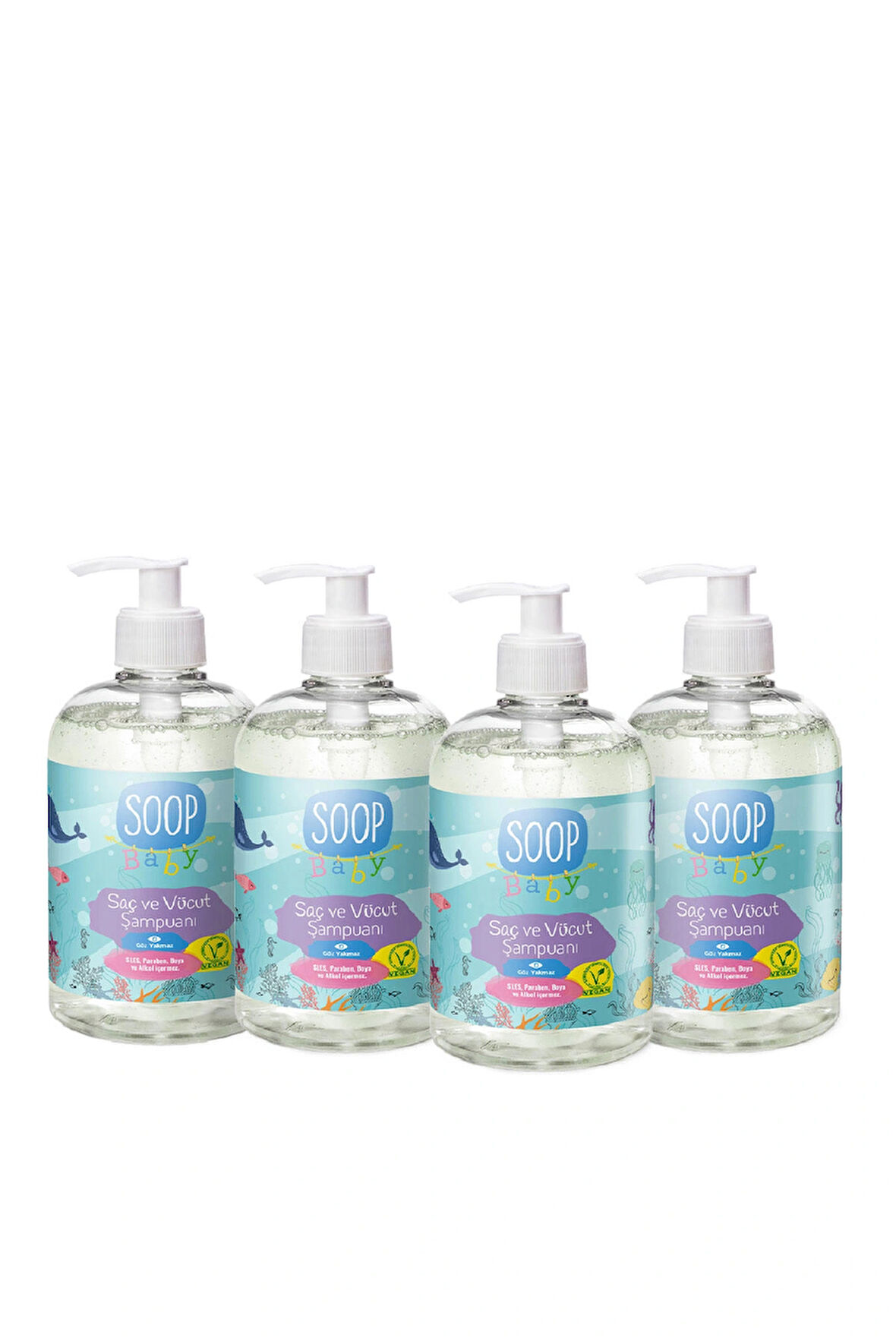 SOOP Bebek Saç Ve Vücut Şampuanı 4 x 500 ml |Vegan Ve Hipoalerjenik Pudra Kokulu|Göz Yakmaz |Doğal ve Nazik 