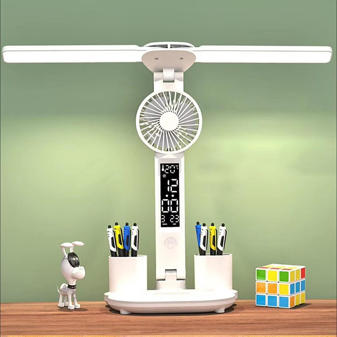 FANLI ÇOK FONKSİYONLU 3 RENK MASA ÜSTÜ LED IŞIK MASA SAATİ KALEMLİK TERMOMETRE