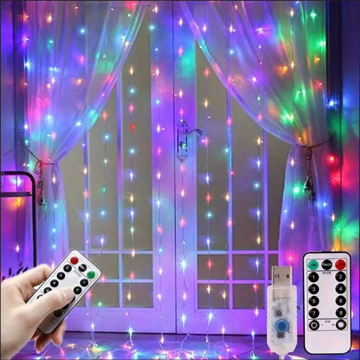 3x3 METRE KUMANDALI RGB ÇOK RENKLİ LED PERDE IŞIĞI PERİ LED 