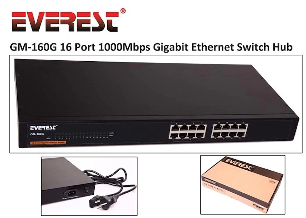 Everest GM-160G 16Port 10/100/1000Mbps 19 Rock Uyumlu Metal Kasa Gigabit Ethernet Switch Hub  416024