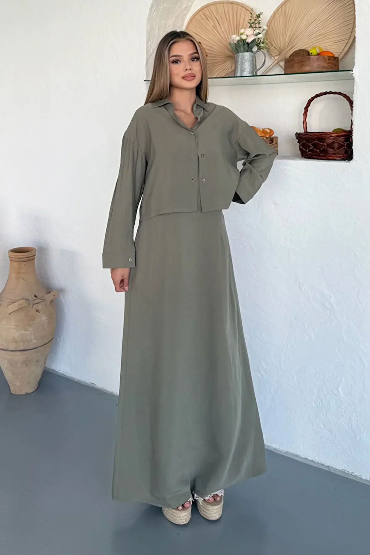 Ciela Kadın Askılı Bolero Maxi Haki Elbise Takım – Yazlık Modal Rahatlık ve Zarif Şıklık