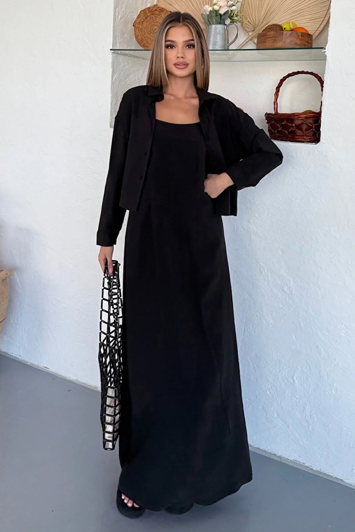Ciela Kadın Askılı Bolero Maxi Siyah Elbise Takım – Yazlık Modal Rahatlık ve Zarif Şıklık