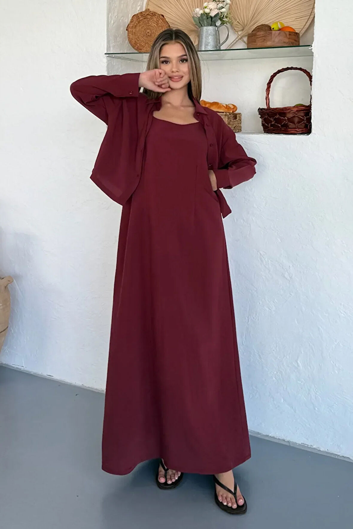 Ciela Kadın Askılı Bolero Maxi Bordo Elbise Takım – Yazlık Modal Rahatlık ve Zarif Şıklık