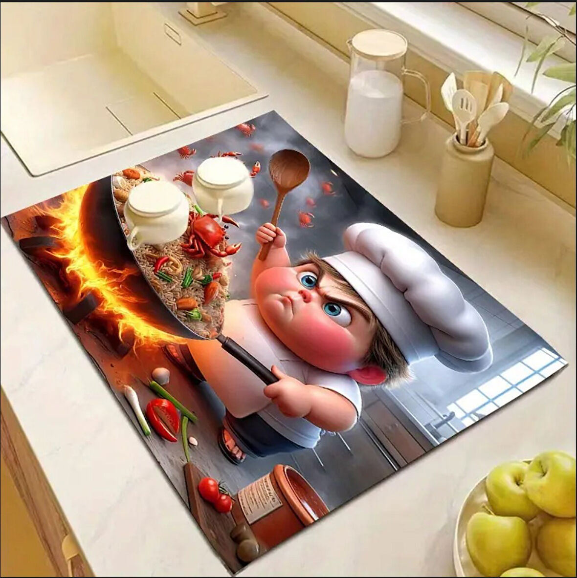 55 CM x 45 CM ŞEF KARİKATÜRÜ TASARIMI TEZGAH ÜSTÜ BULAŞIK KURUTMA MATI BULAŞIKLIK KURUTMA ÖRTÜSÜ