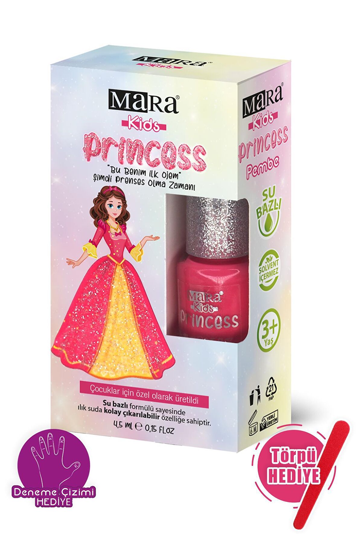 Mara Princess Yıkanabilir Su Bazlı Çocuk Ojesi - Pembe (Törpü Hediyeli)