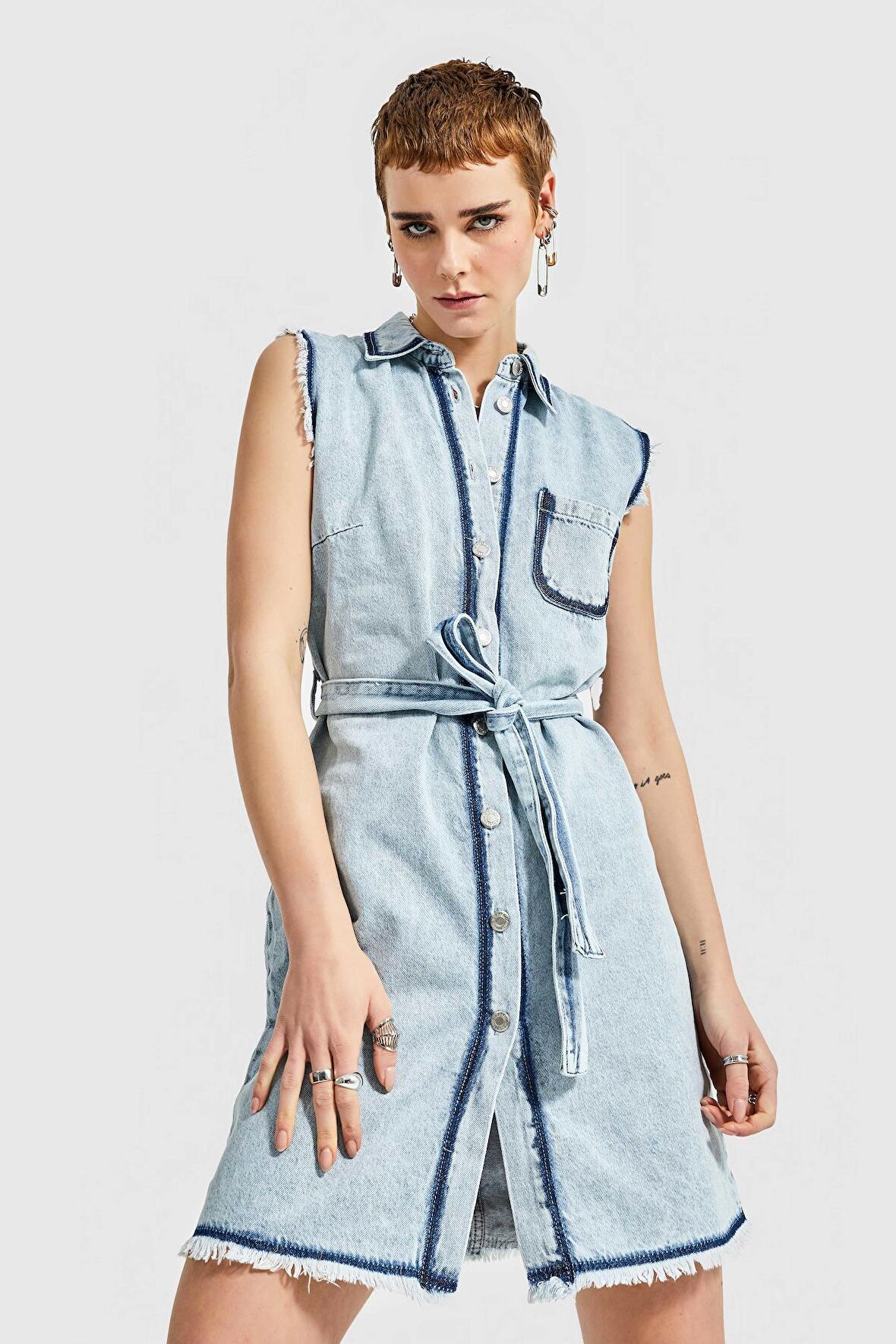 Kadın Snow Kot Rengi Özel Denim Kumaş Kemerli Mini Denim Elbise