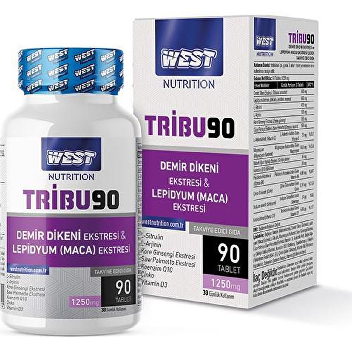 West Nutrition TRIBU90 Tribulus Terrestris & Lepidyum (Maca) Ekstresi 90 Tablet x 1250 Mg