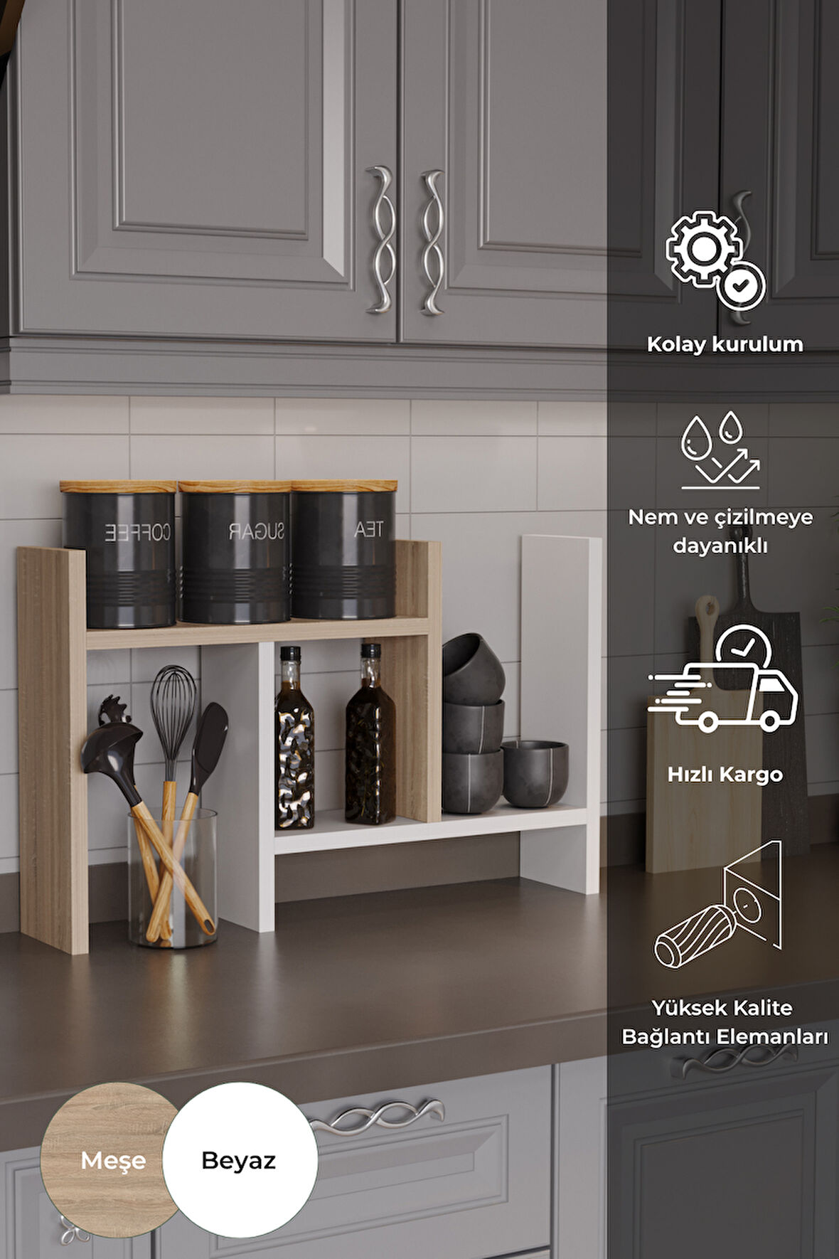 Lidya Çok Amaçlı Raf Mutfak Tezgah Üstü Organizer Banyo Mutfak Düzenleyici Beyaz Meşe