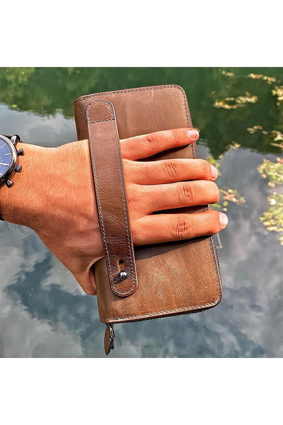 Unisex Kahverengi El Yapımı Vintage Deri Telefon Bölmeli El Çantası Cüzdan Kartlık