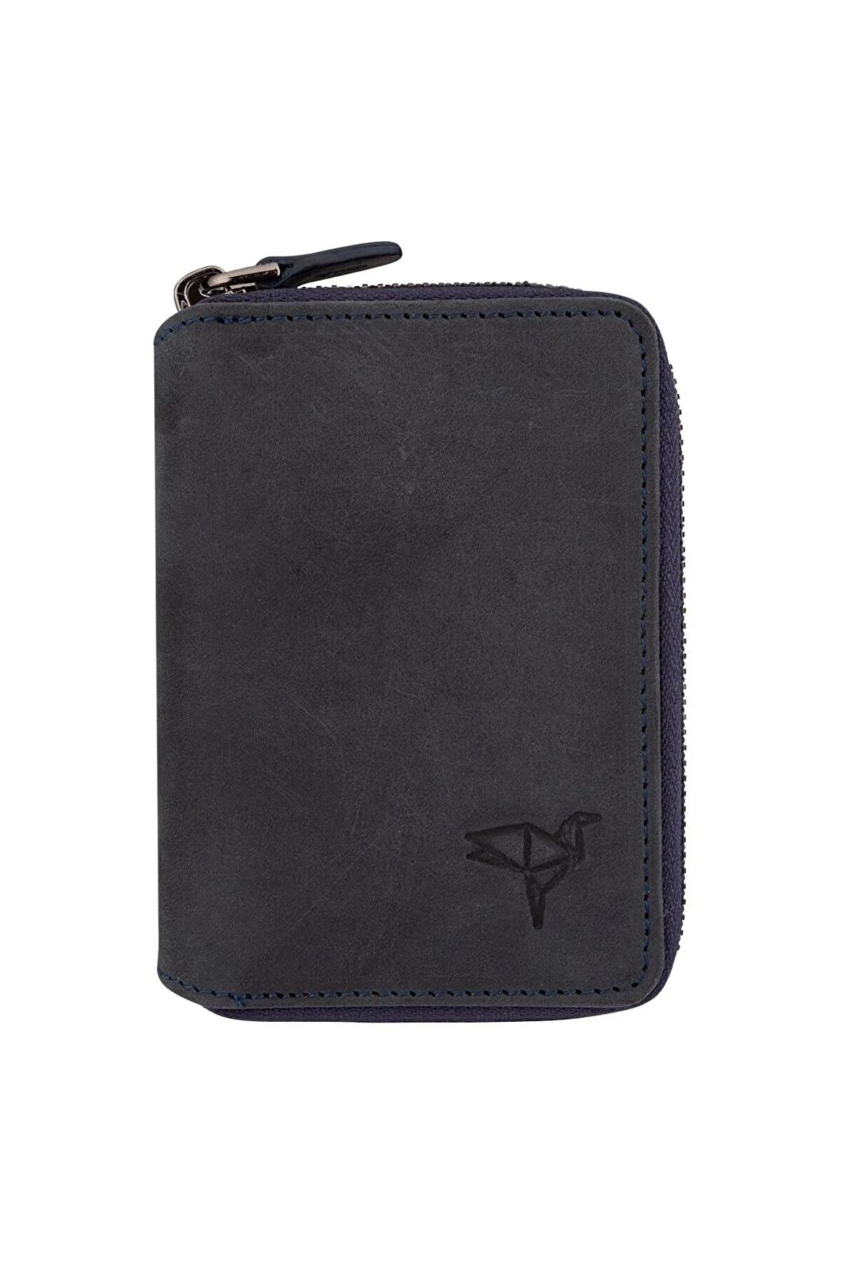 Unisex Lacivert Fargo Vintage Deri Fermuarlı Para Portföy