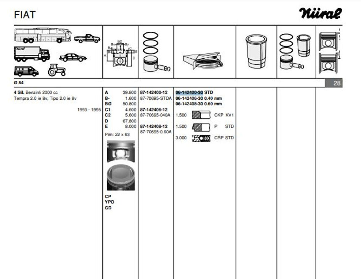 Tofas Motor Segmanı Tempra Tipo 2,0ie 8v / 16v (84mm) / (std) - Goetze 61424003g