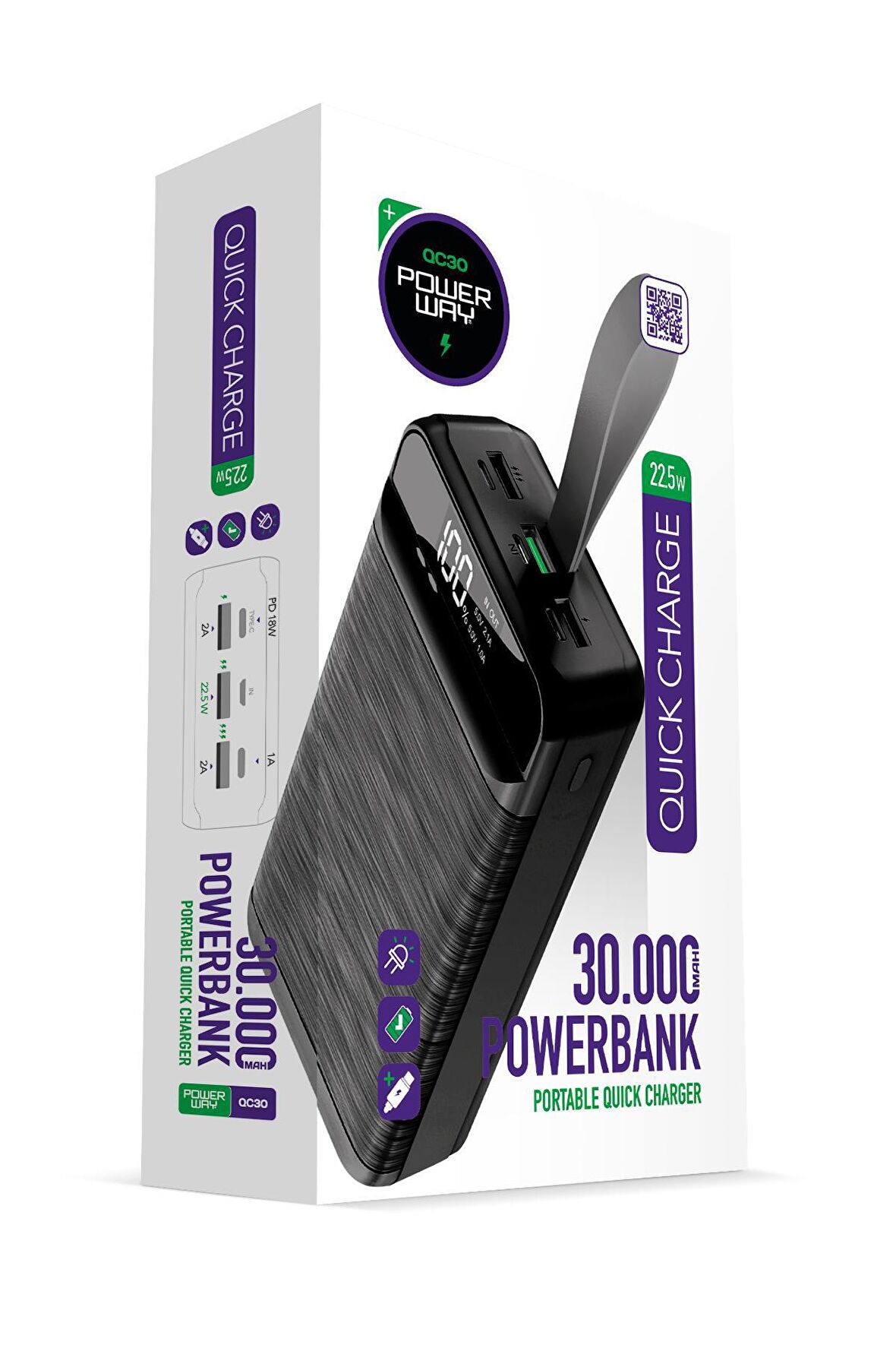 Powerway QC30 30000 mAh Hızlı Şarj Powerbank Siyah 