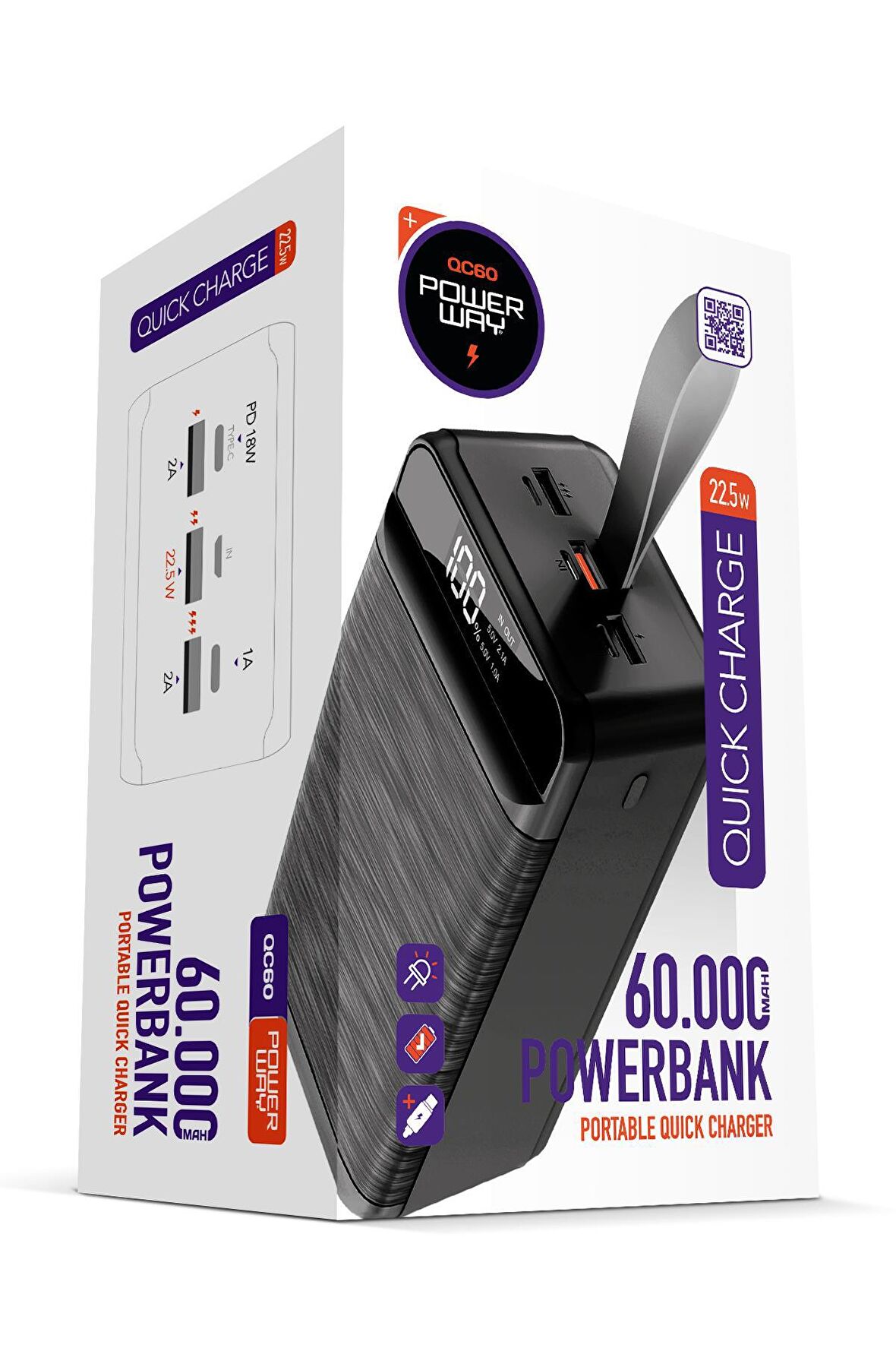 Powerway QC60 60000 mAh Hızlı Şarj Powerbank Siyah 