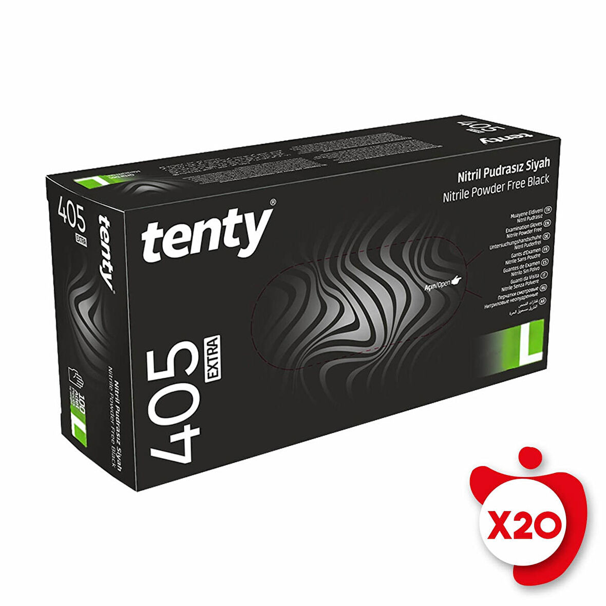 Tenty 405 Extra Pudrasız Nitril Eldiven L Beden Siyah 100'lü 20 Paket