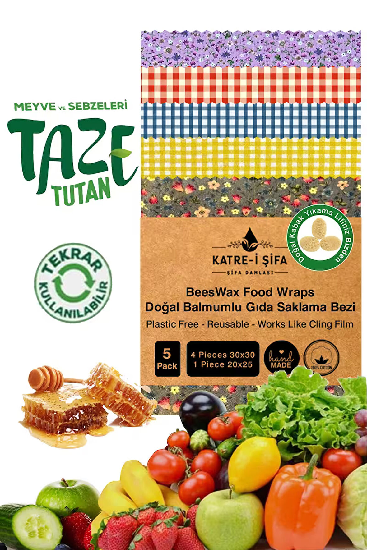 Balmumlu Doğal Gıda Saklama Bezi 5 Parça Balmumu Bez Beeswax Food Wraps (BALMUMU BEZİ)