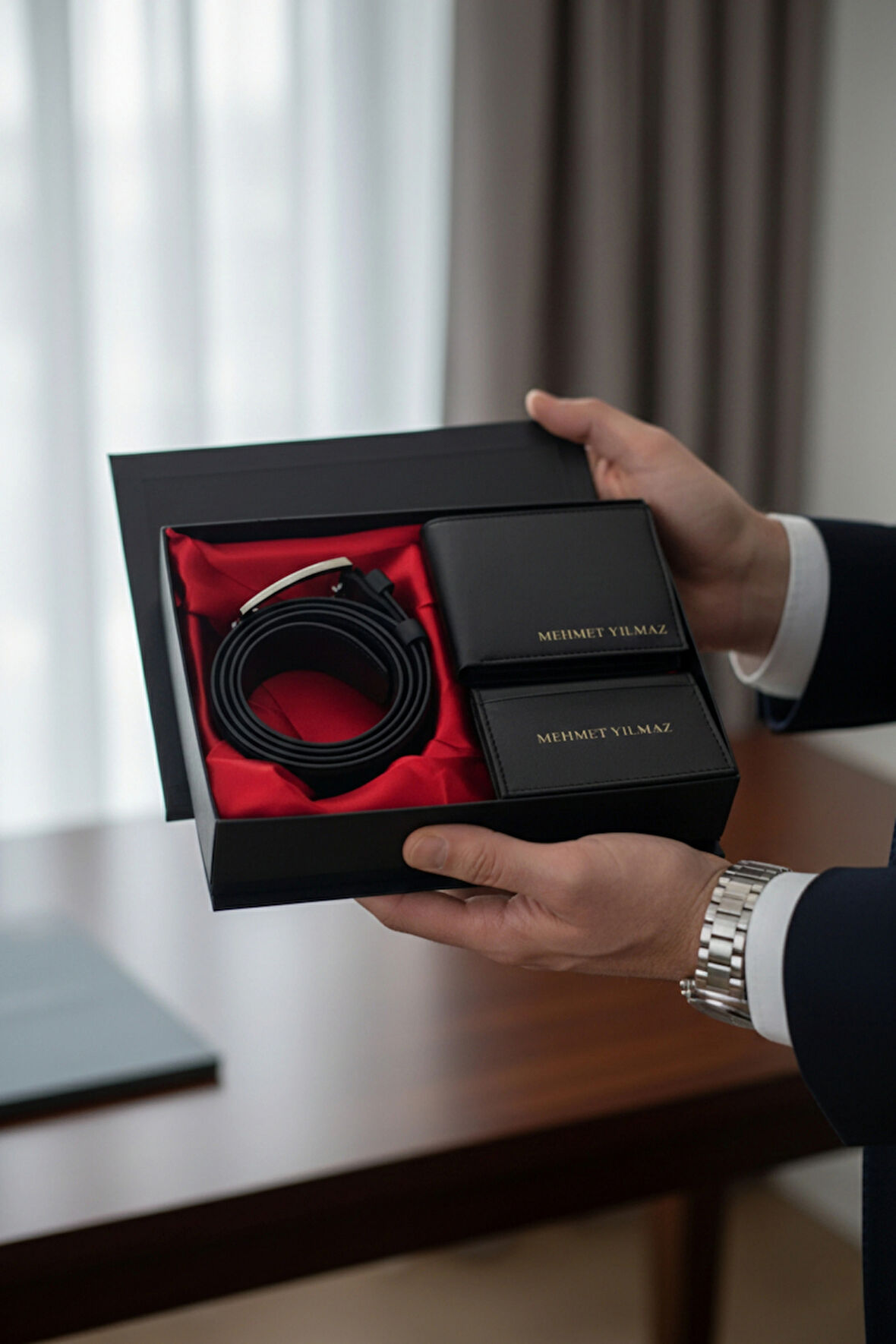 İsim Baskılı Erkek Cüzdan Kartlık Kemer Seti Kişiye Özel Kutulu Hediye Seti