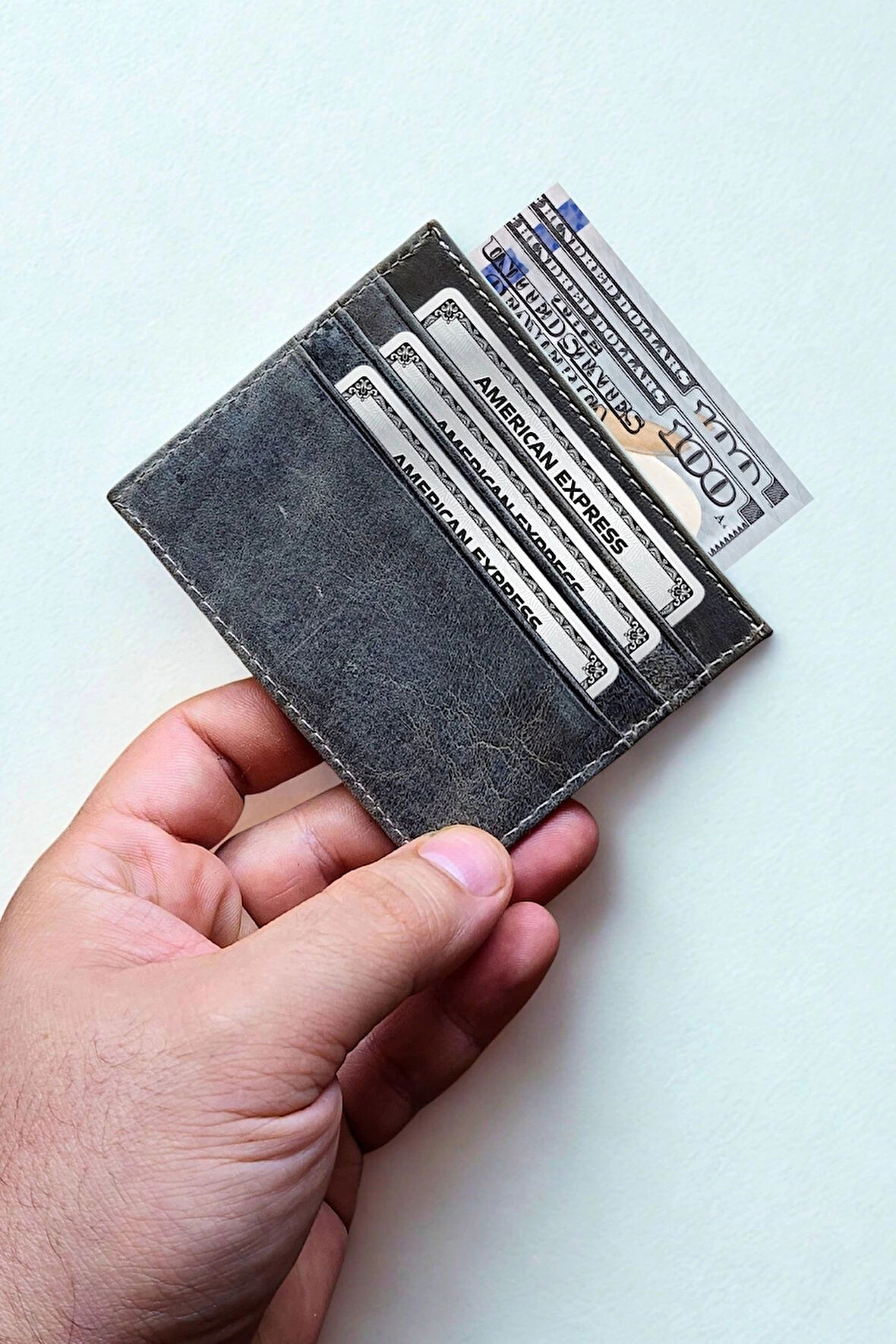 Hakiki Crazy Deri Kartlık Ultra ince Minimal Tasarım Kişiye Özel İsim Baskılı Gri