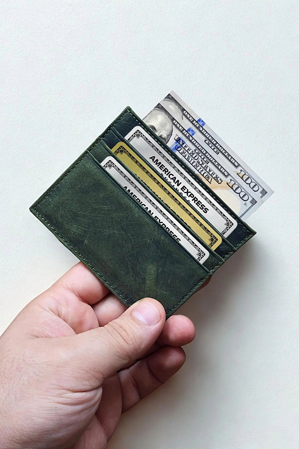 Hakiki Crazy Deri Kartlık Ultra ince Minimal Tasarım Kişiye Özel İsim Baskılı Haki