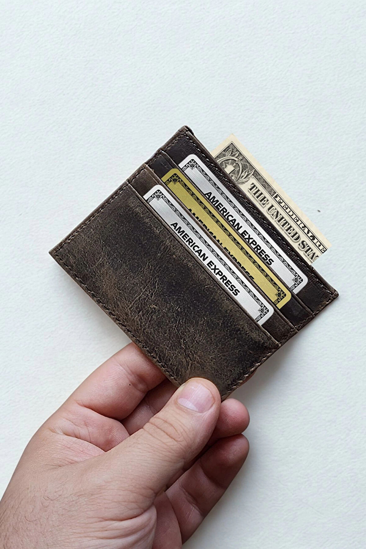 Hakiki Crazy Deri Kartlık Ultra ince Minimal Tasarım Kişiye Özel İsim Baskılı Kahverengi