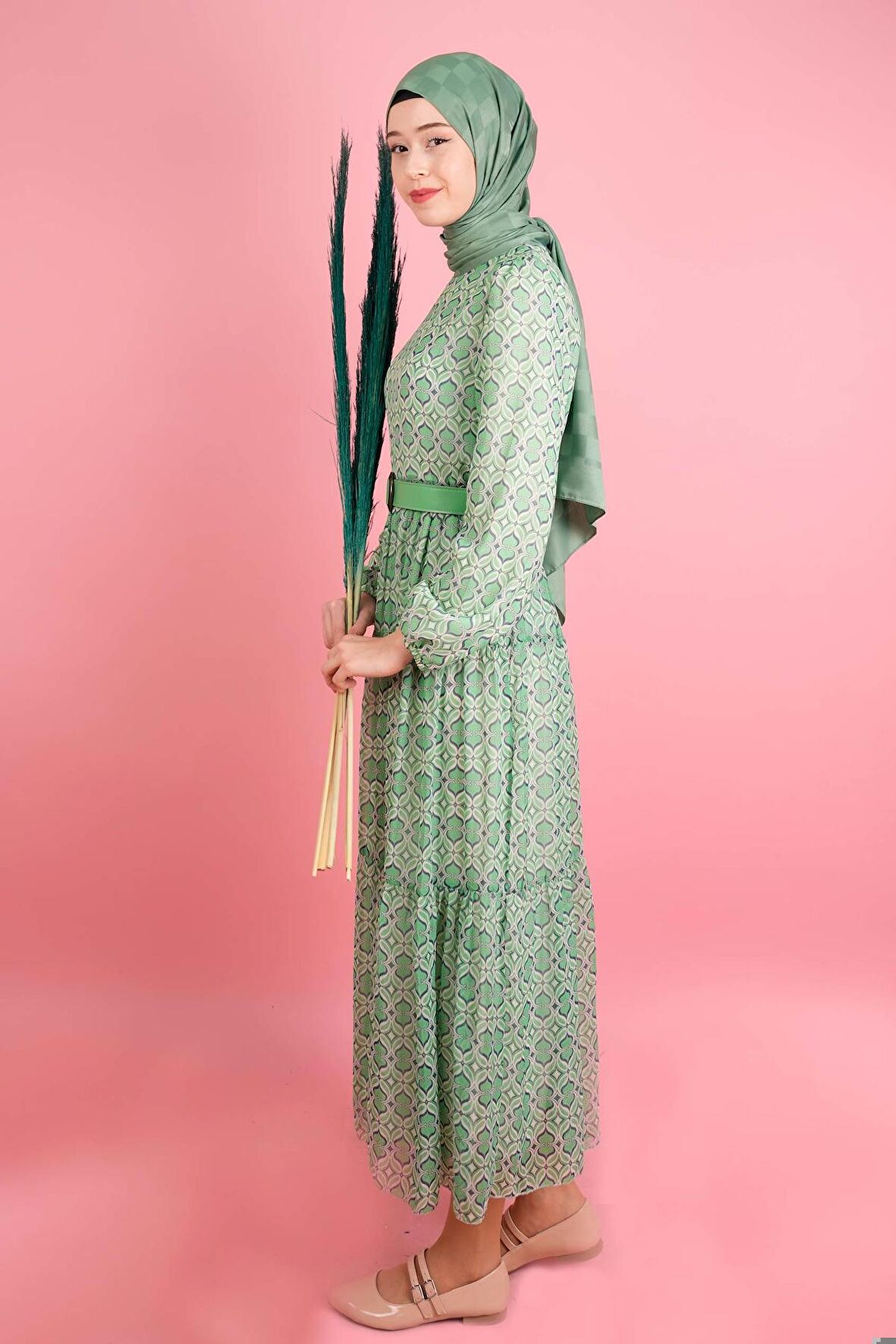 Yeni Koleksiyon Astarlı Şifon Sarmal - Kalp Desen Yeşil