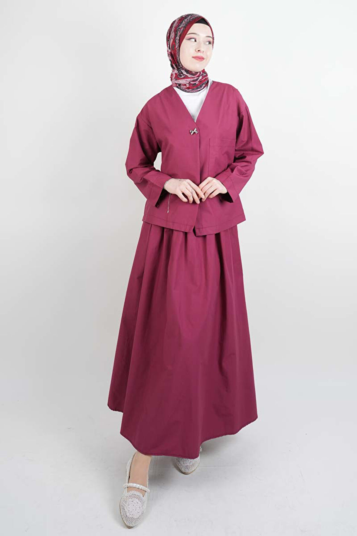 Tesettür Takım Tek Cep Detaylı Poplin Etekli 2'li Takım Bordo