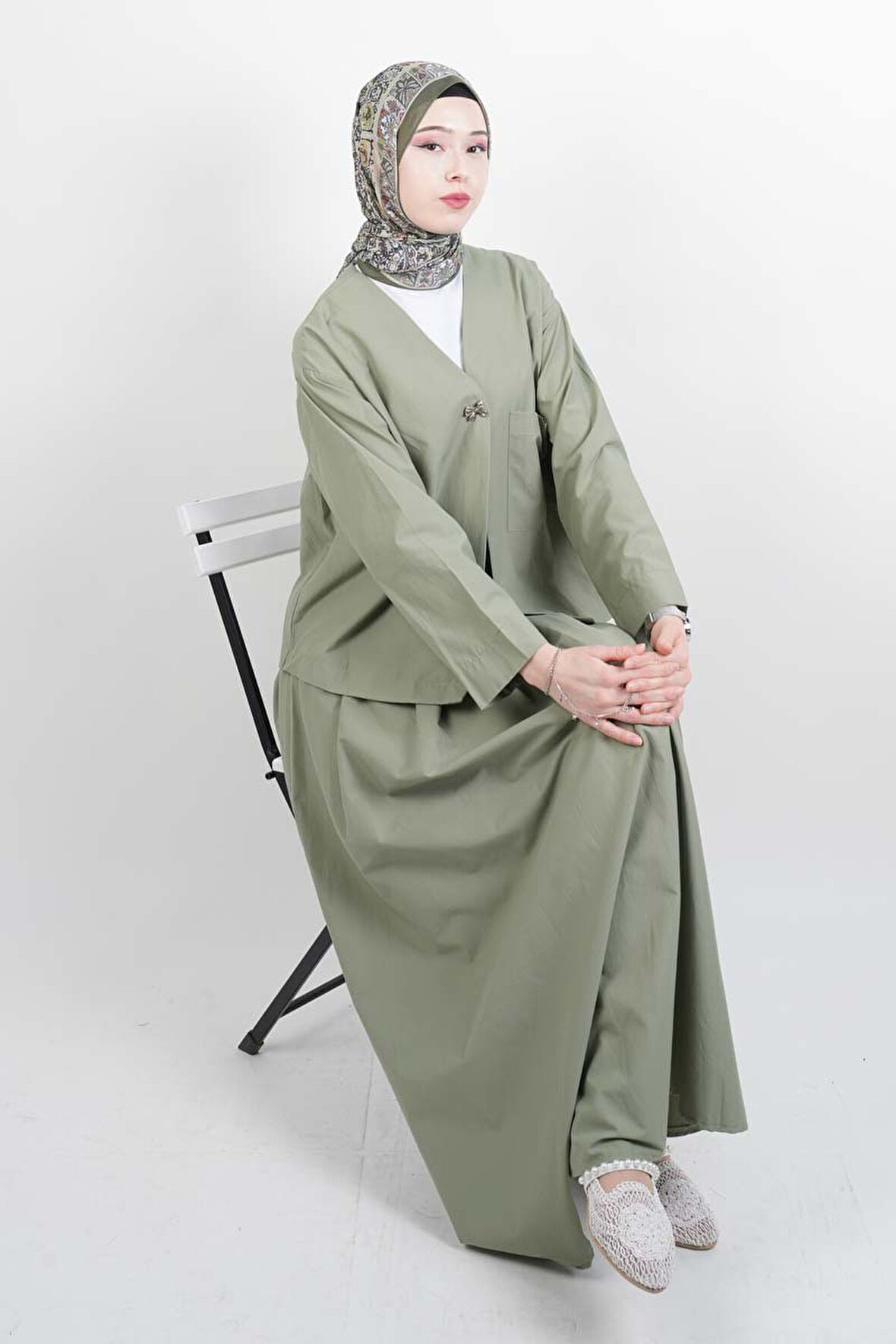 Tesettür Takım Tek Cep Detaylı Poplin Etekli 2'li Takım Yeşil
