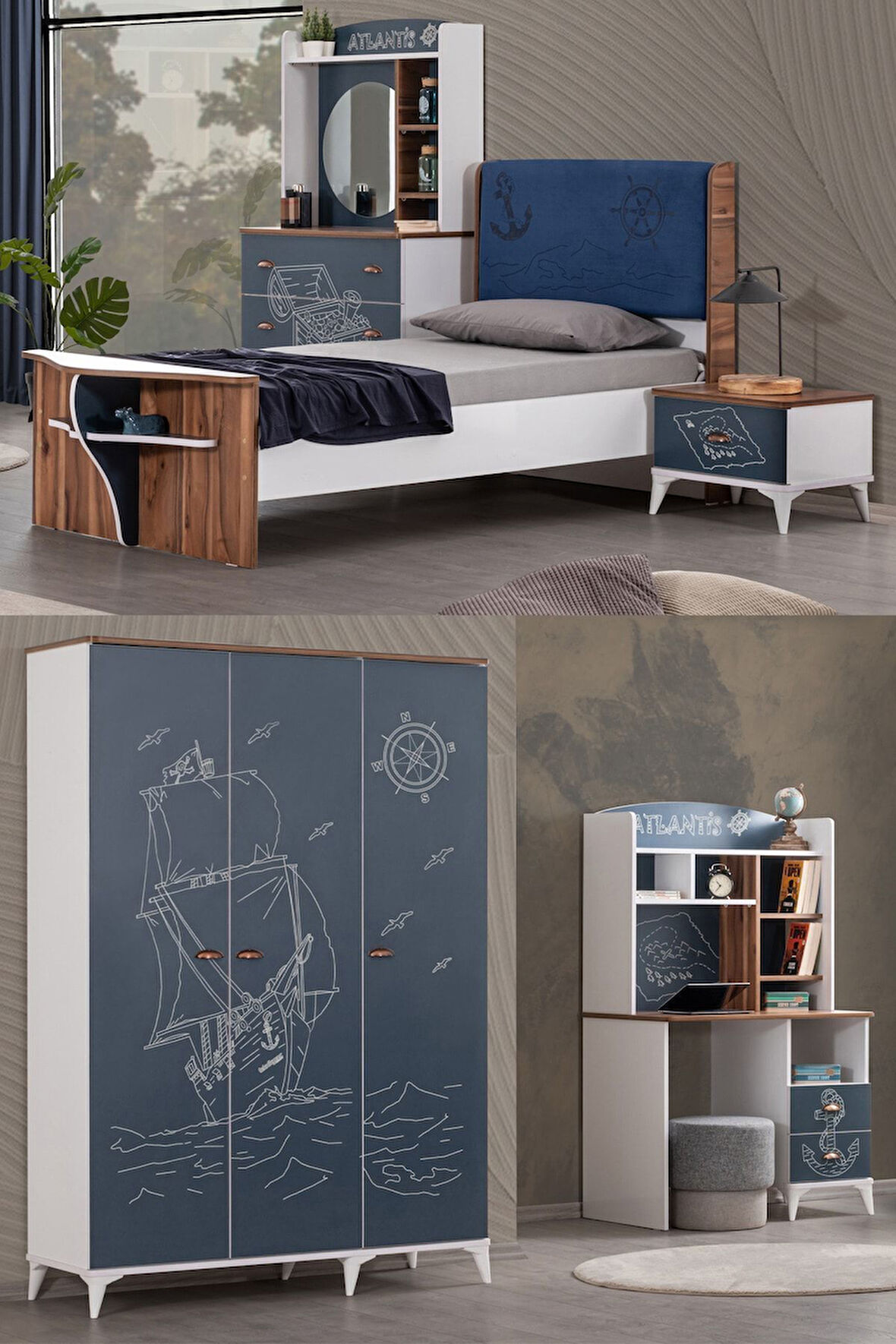 Atlantis Genç Odası - 3 Kapılı Dolap, Karyola, Komodin, Şifonyer, Masa