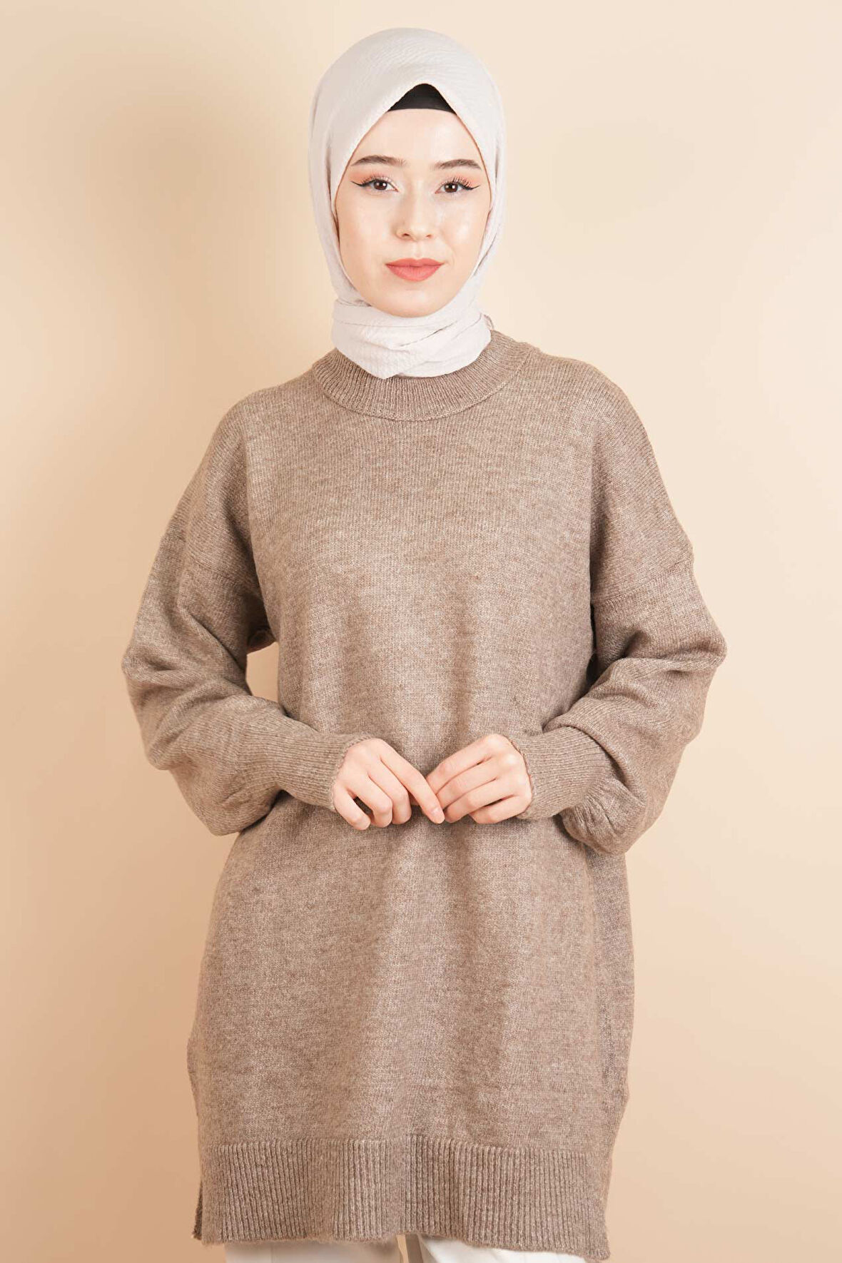 Yumoş Tesettür Tunik Basic Düz Tunik Kahverengi