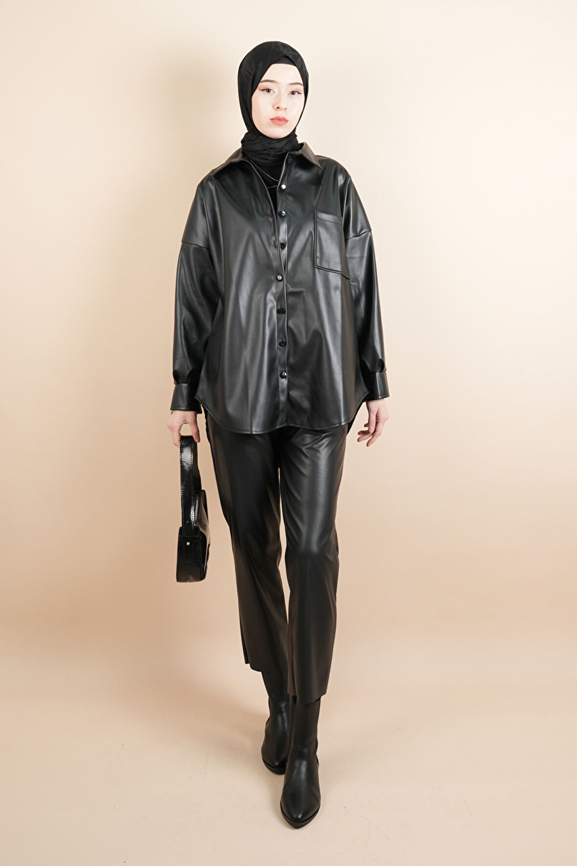 Kadın Deri Gömlek Tek Cepli Düğmeli Gömlek Kahverengi