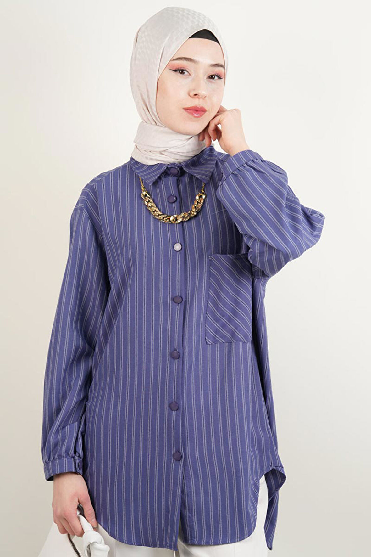 Kadın Gömlek -Kolyeli Rahat Kesim Gömlek Mor