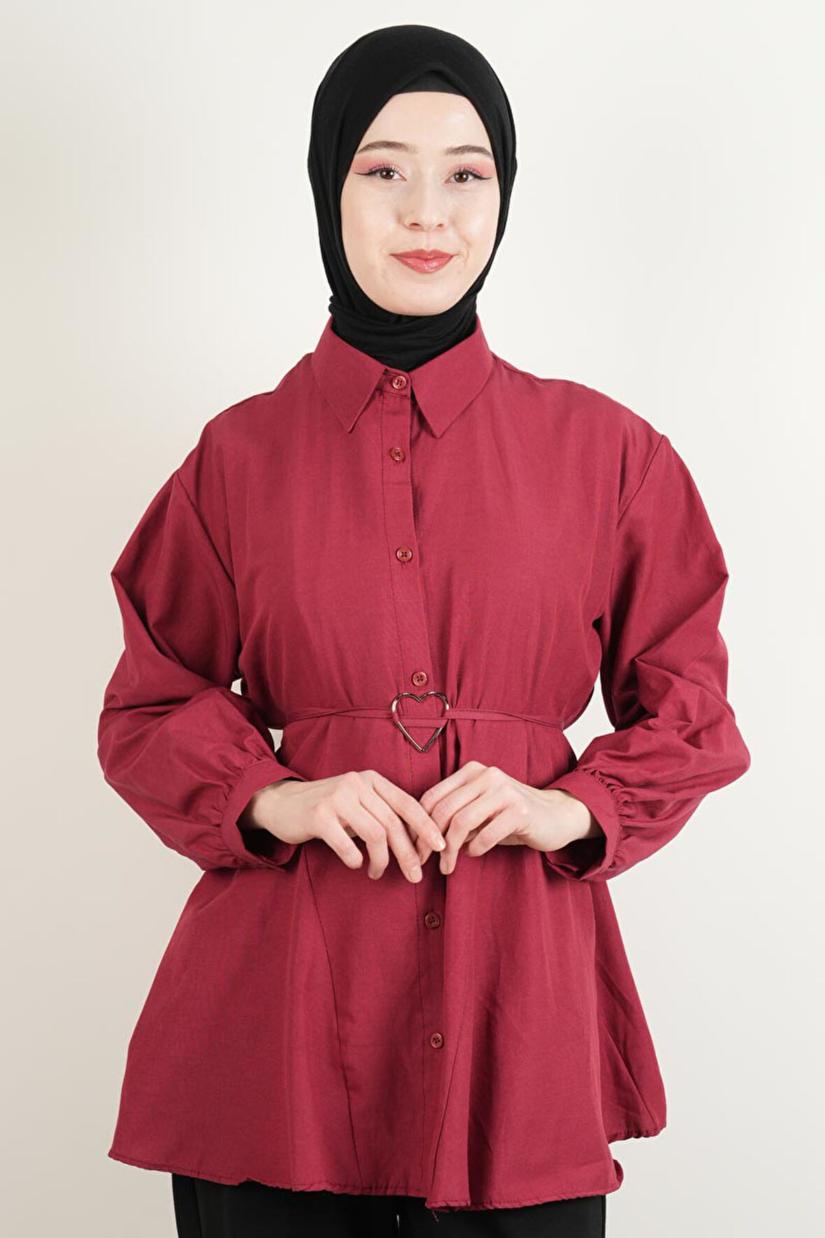 Bayan Gömlek Bel Bağlamalı Yeni Sezon Alt Geniş Gömlek Bordo 