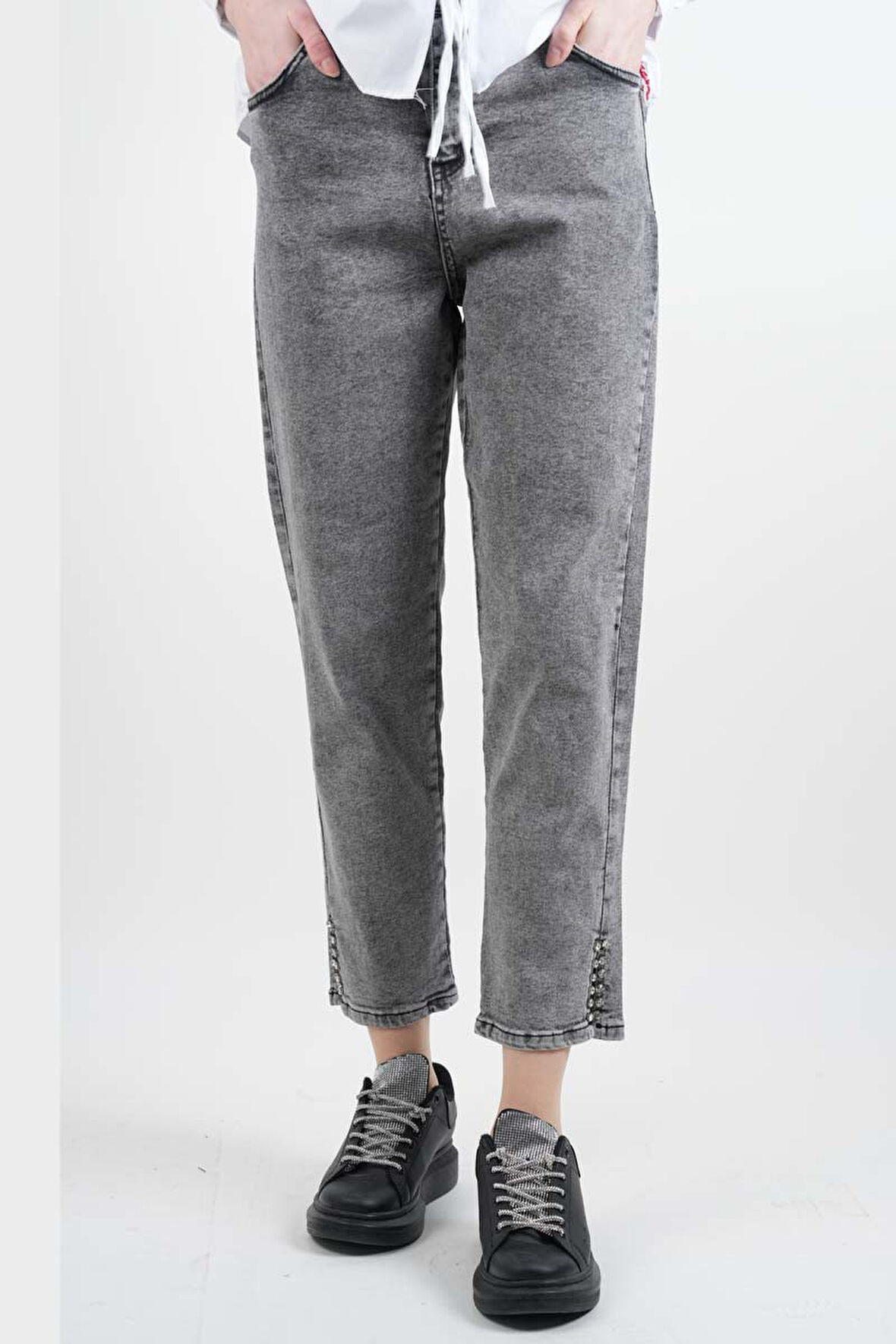 Kot Pantolon Bayan Yan Yırtmaç Taş Detaylı Denim Pantolon Açık Gri