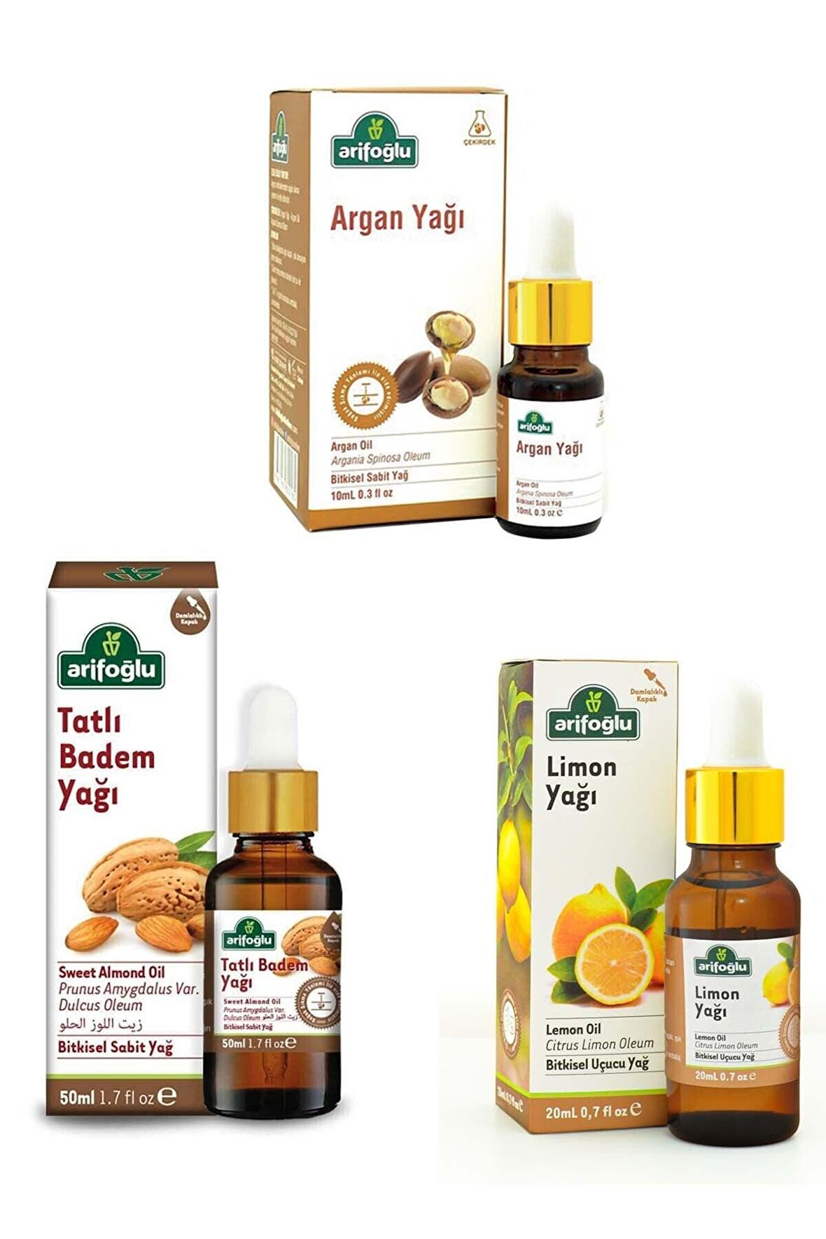 Arifoğlu  Akdeniz Aromaterapi Seti: Argan Yağı 10 ml+ Tatlı Badem Yağı 50 ml+ Limon Yağı 20 ml